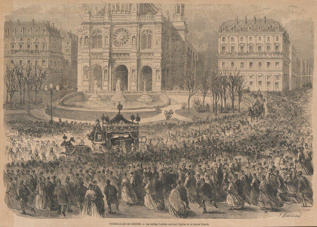Gravure des funérailles de Rossini quittant l'église de la Sainte-Trinité